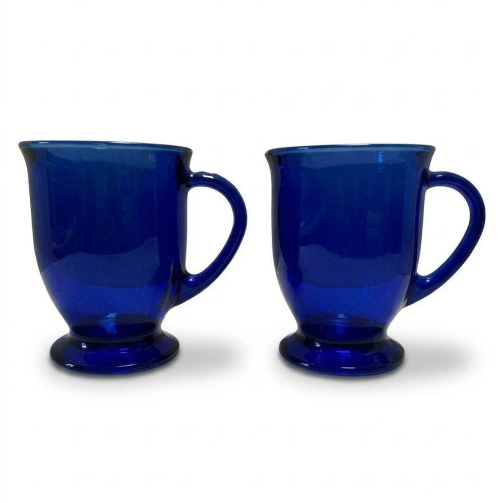 Set of 2 Vintage Anchor Hocking Cafe Cobalt Blue Footed Mug Flared Lip Large USA